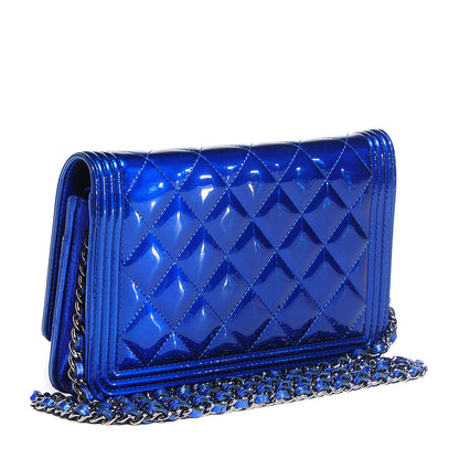 Chanel Patent Calfskin Quilted Boy Wallet On Chain WOC Blue 3 of 8