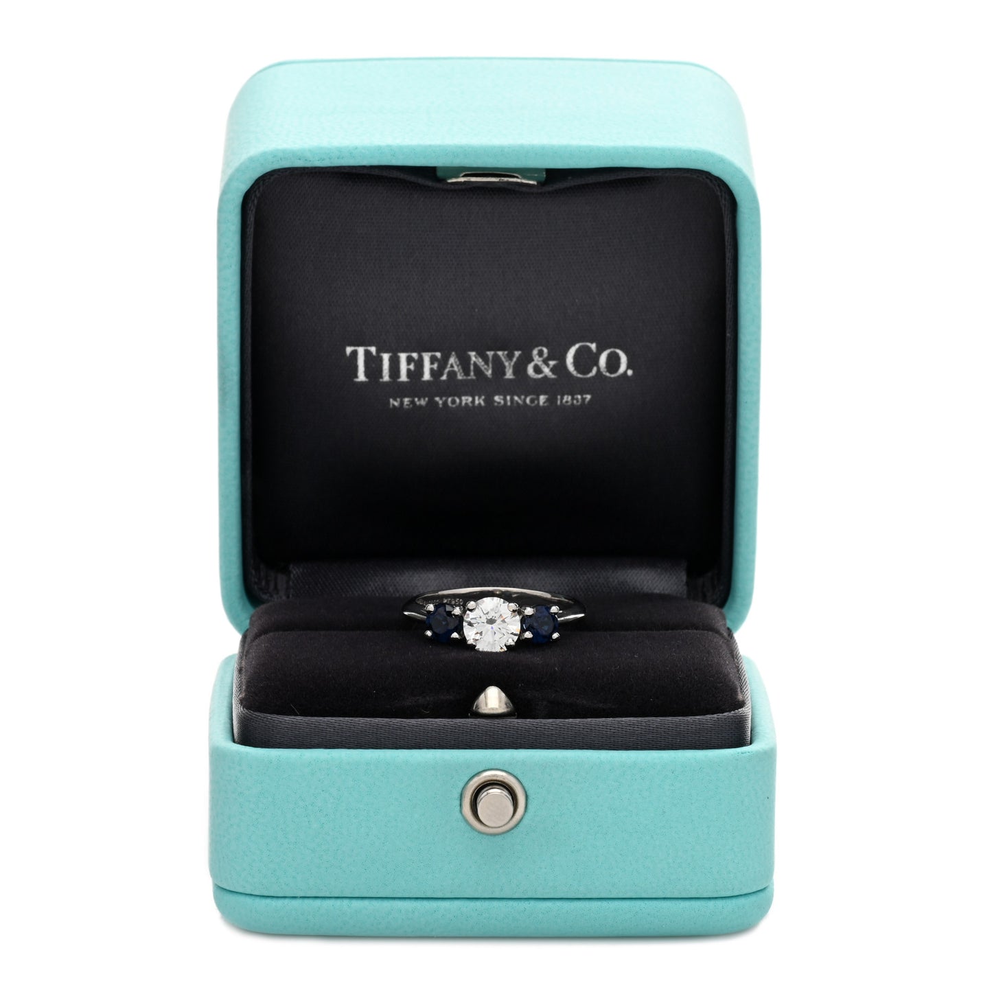 Platinum Blue Sapphire Diamond .82ct Three Stone Ring 53 6.25