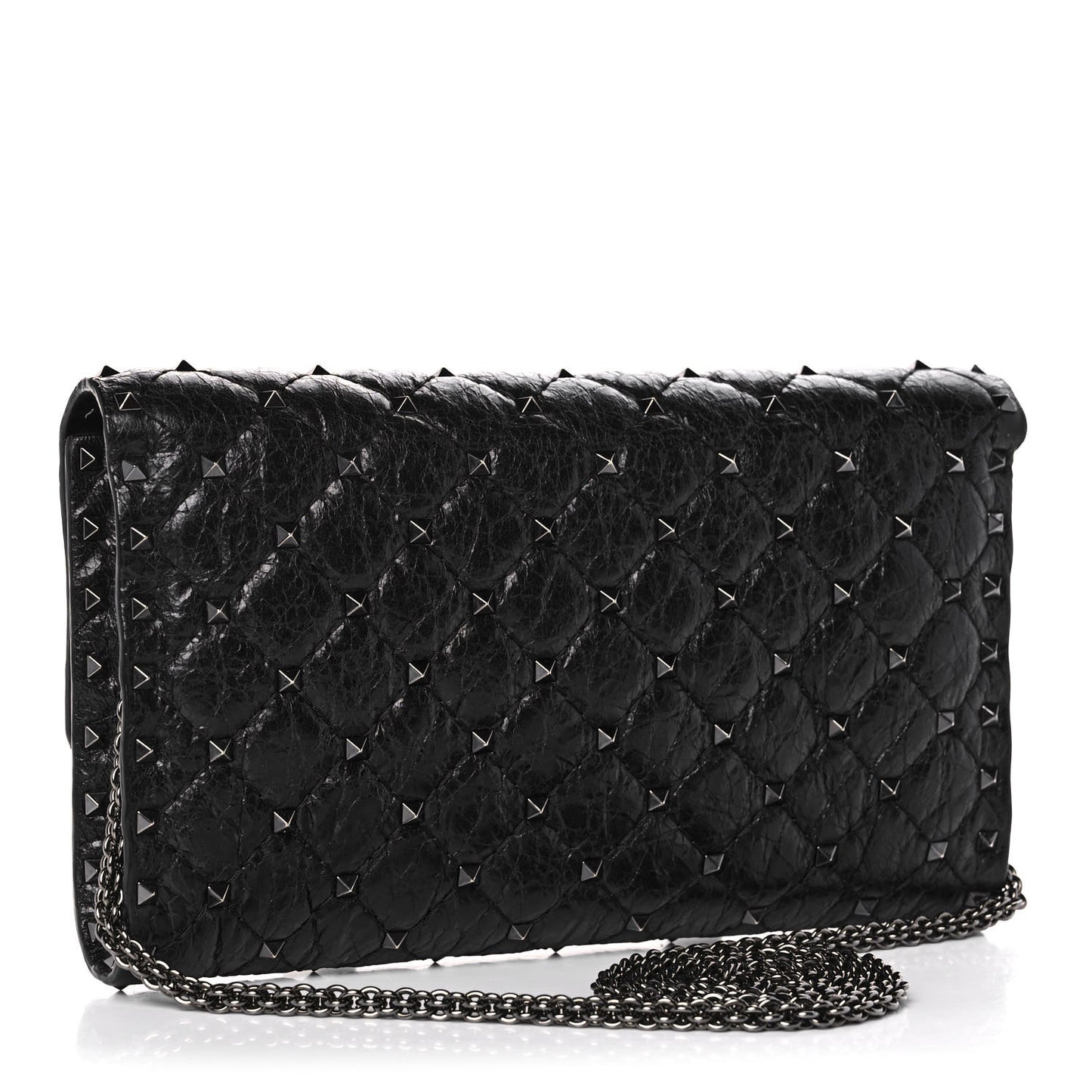 Craquele Nappa Rockstud Spike Wallet on Chain Black