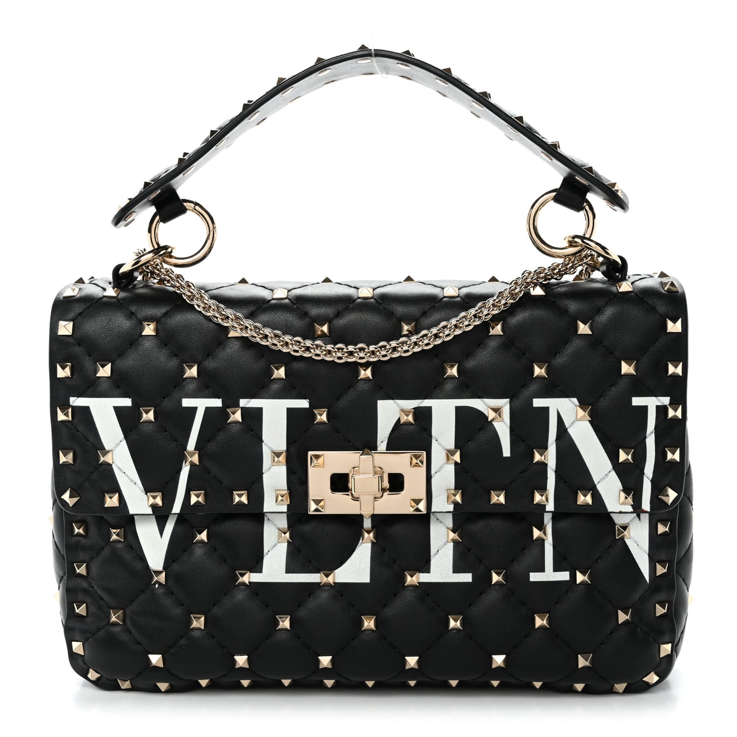 Lambskin VLTN Print Medium Rockstud Spike Shoulder Bag Black
