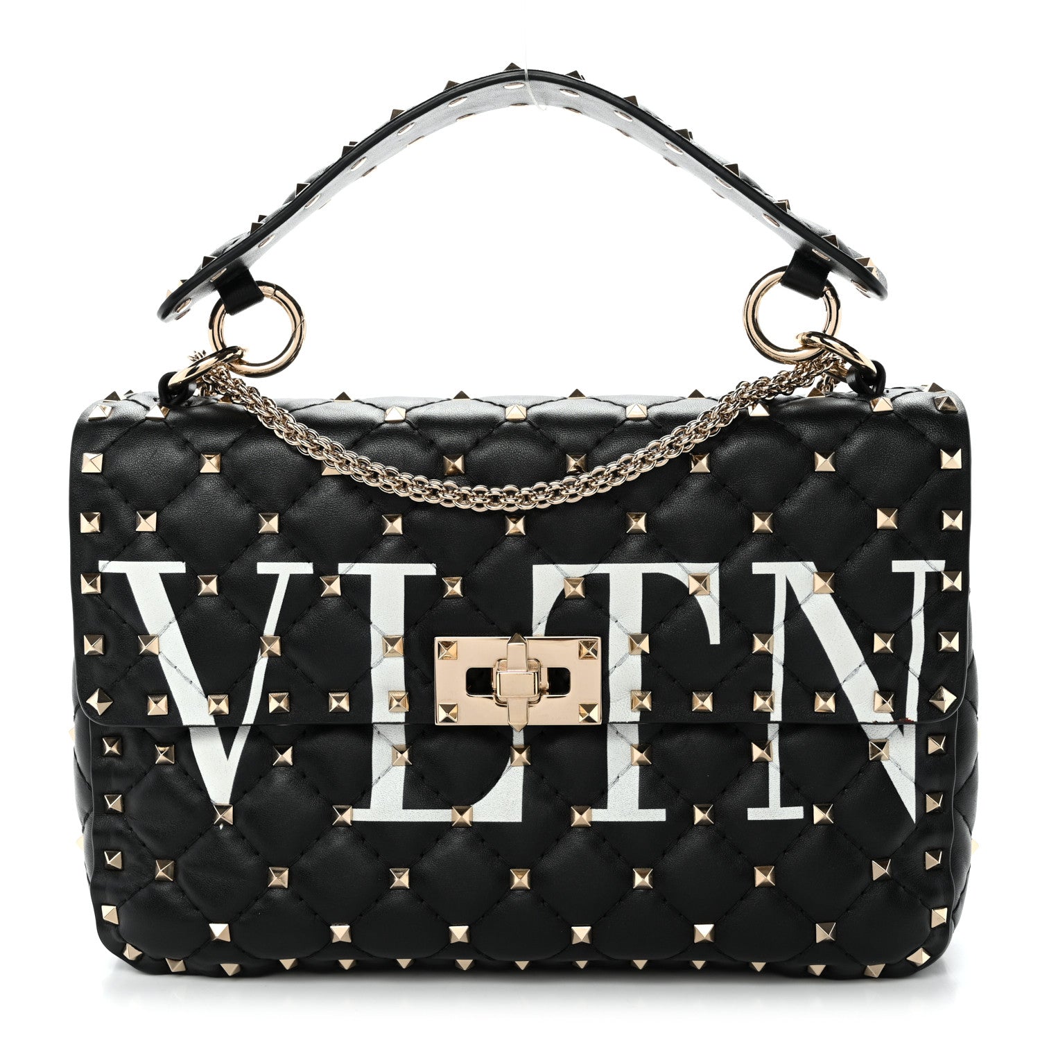 Valentino Garavani Lambskin VLTN Print Medium Rockstud Spike Shoulder Bag Black 1 of 9