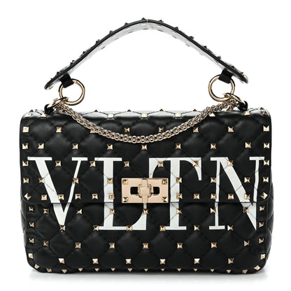 Valentino Garavani Lambskin VLTN Print Medium Rockstud Spike Shoulder Bag Black 1 of 9