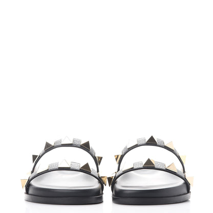 Valentino Garavani Pebbled Calfskin Macro Rockstud Lock Slide Sandals 35 Black 2 of 10
