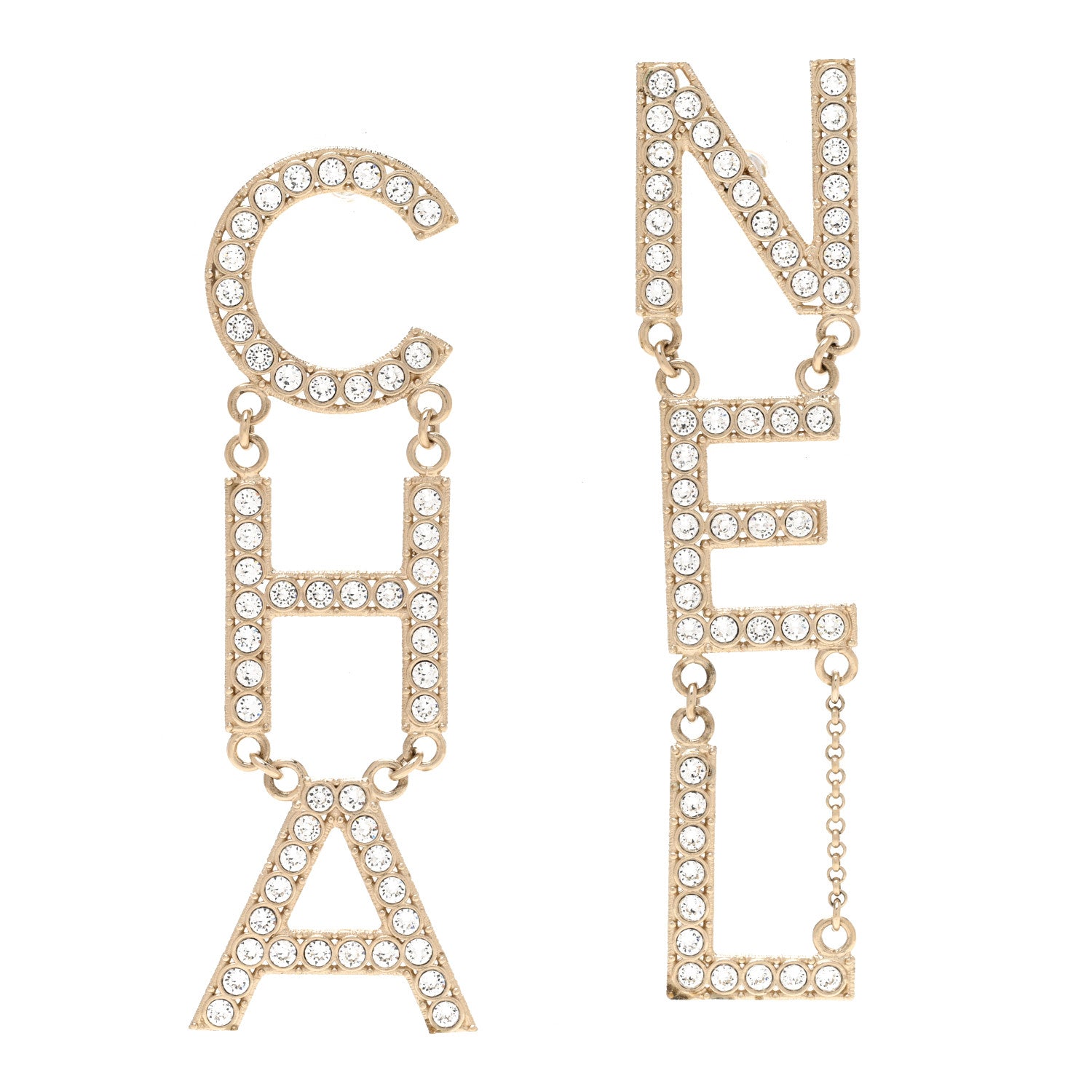 Chanel Crystal Cha-Nel Logo Drop Earrings Gold 1 of 5
