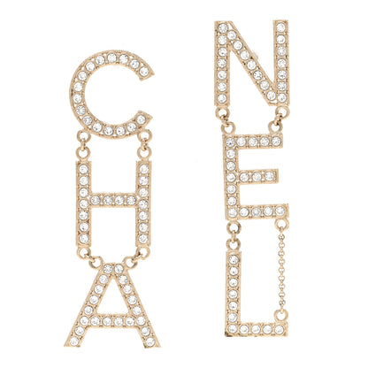 Chanel Crystal Cha-Nel Logo Drop Earrings Gold 1 of 5