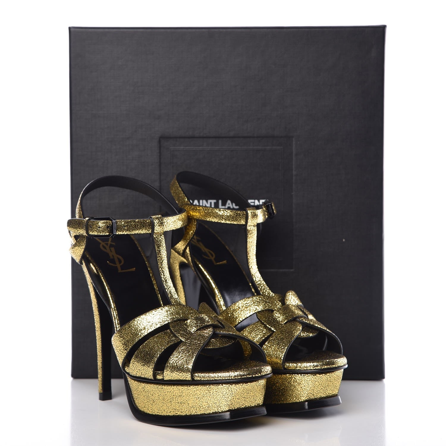 Saint Laurent Metallic Crackled Calfskin Tribute 105 Platform Sandals 37.5 Black Gold 9 of 9