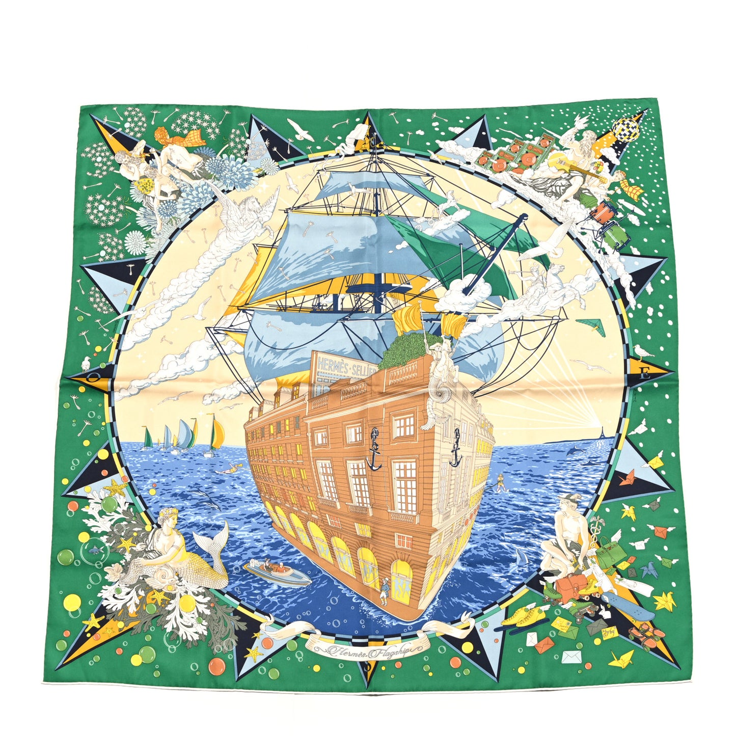 Silk Flagship Scarf 90 Emeraude Bleu Jean