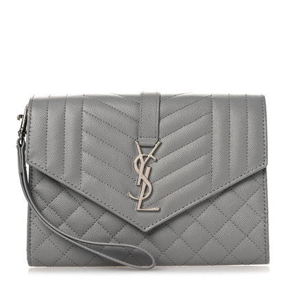 Saint Laurent Grain De Poudre Textured Mixed Matelasse Triquilt Monogram Clutch Storm 1 of 11