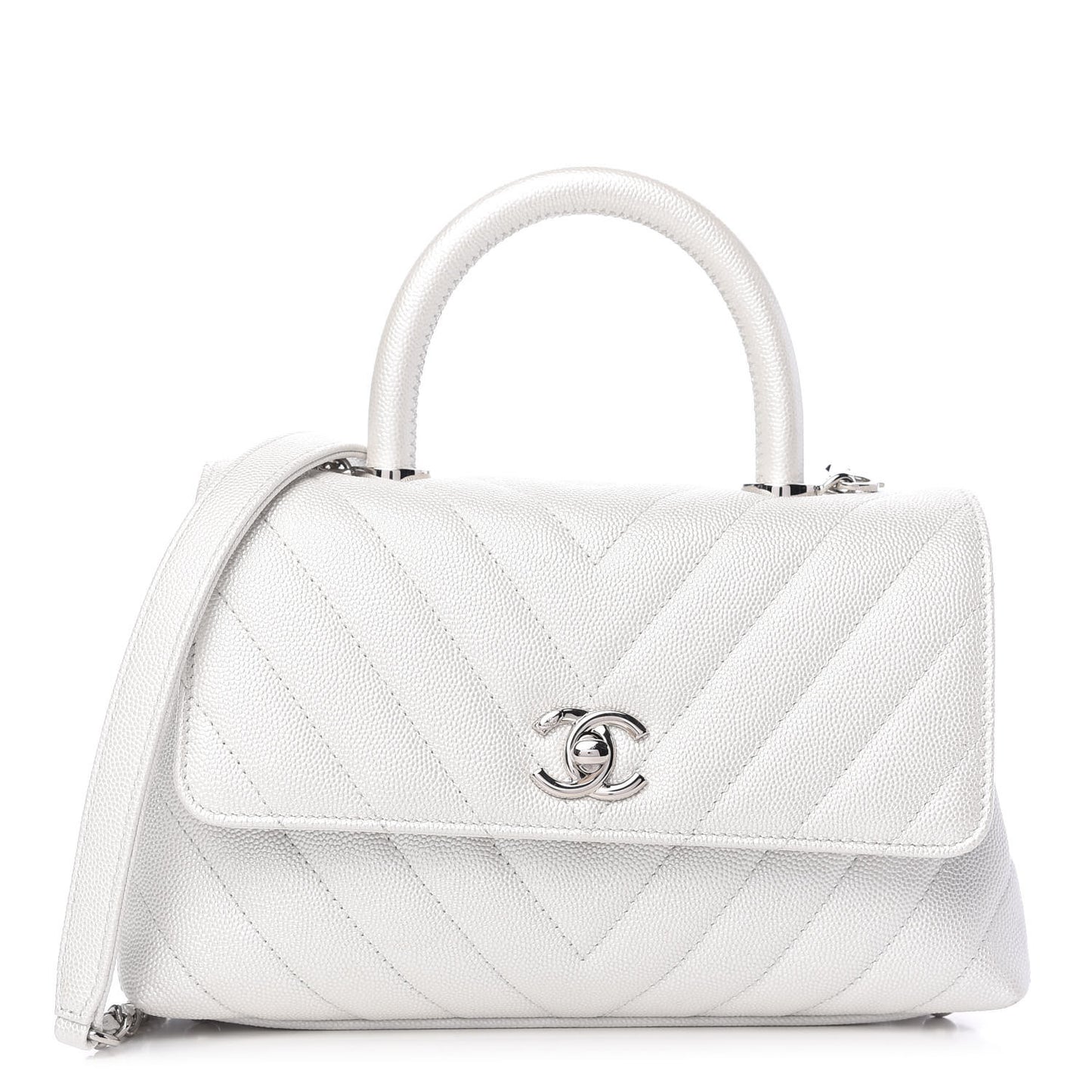 Iridescent Caviar Chevron Quilted Mini Coco Handle Flap White