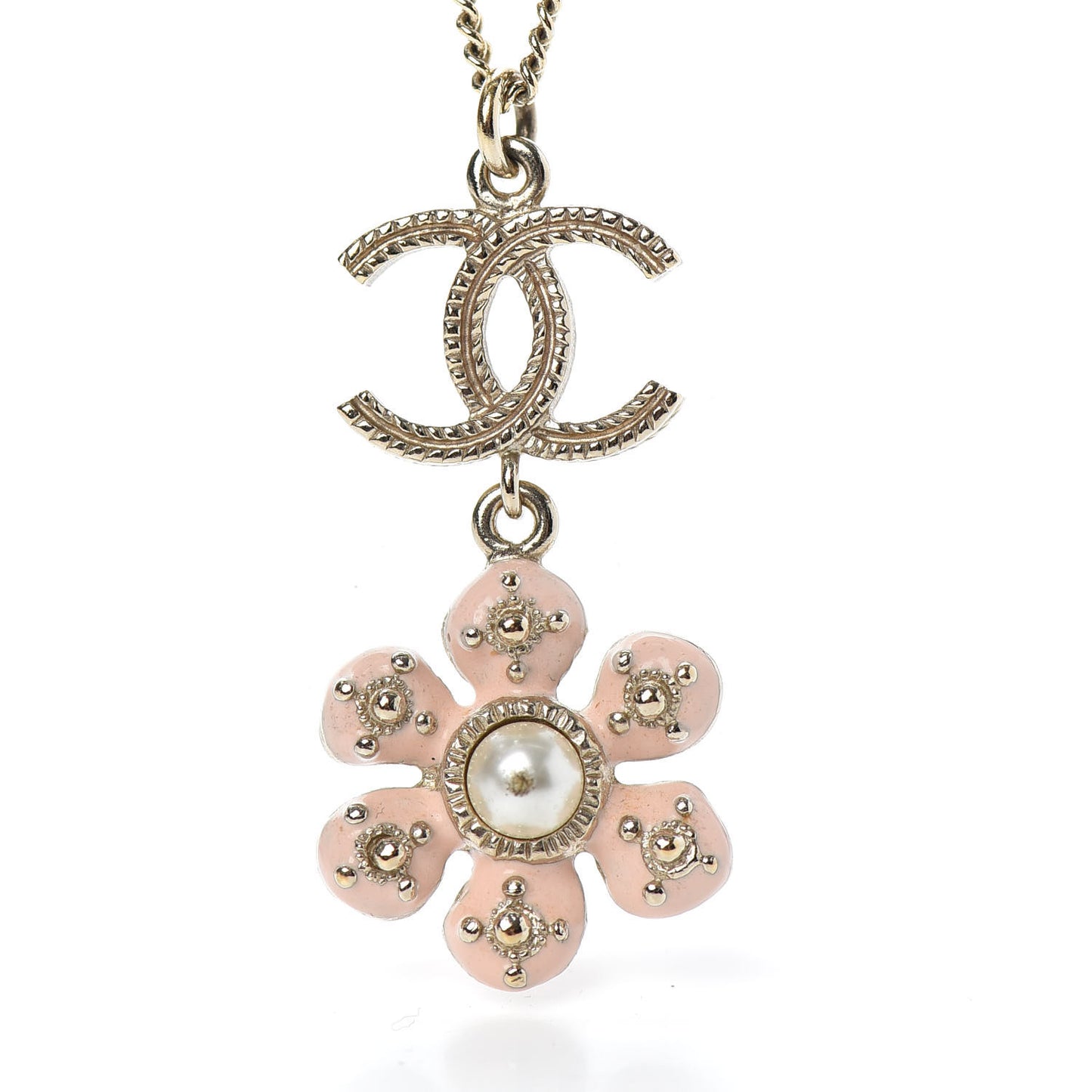 Enamel Pearl CC Flower Necklace Gold Pink