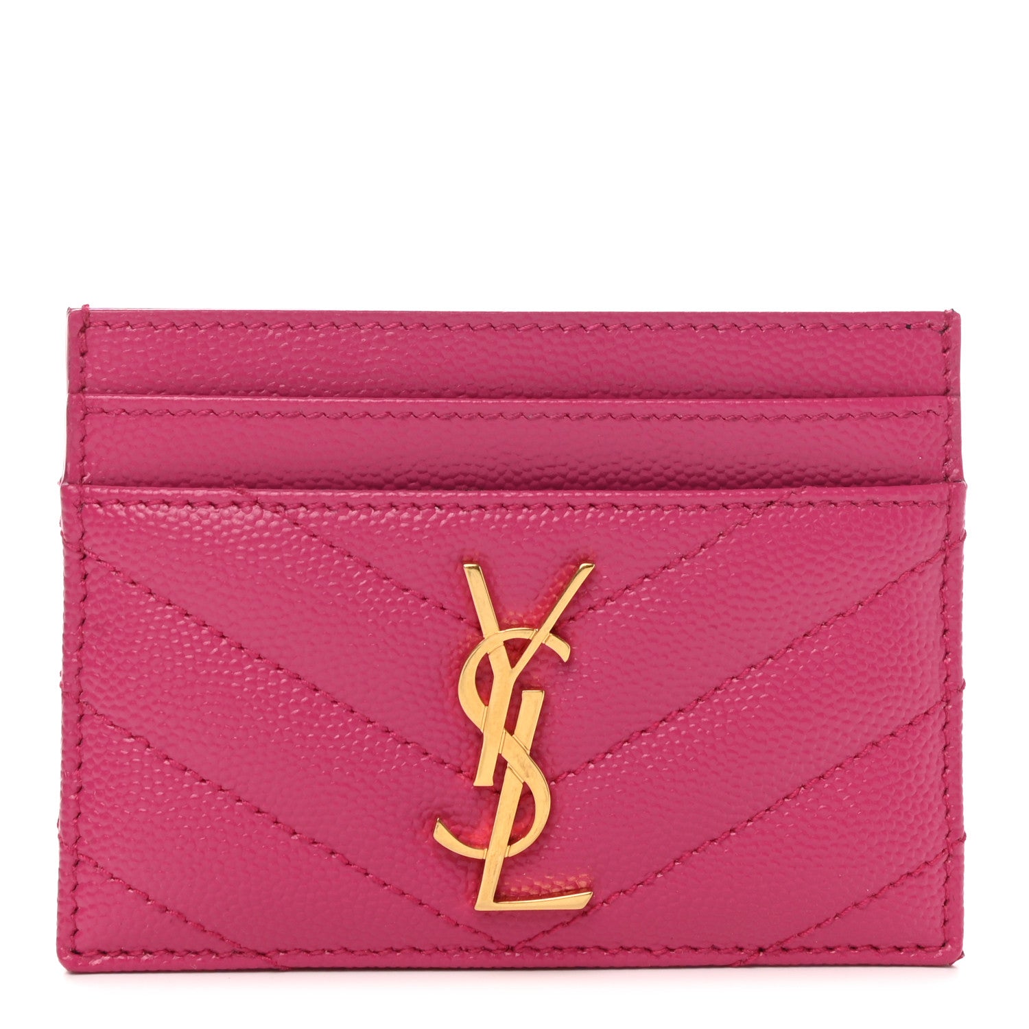 Saint Laurent Grain De Poudre Matelasse Chevron Monogram Credit Card Case Fresh Fuxia 1 of 8