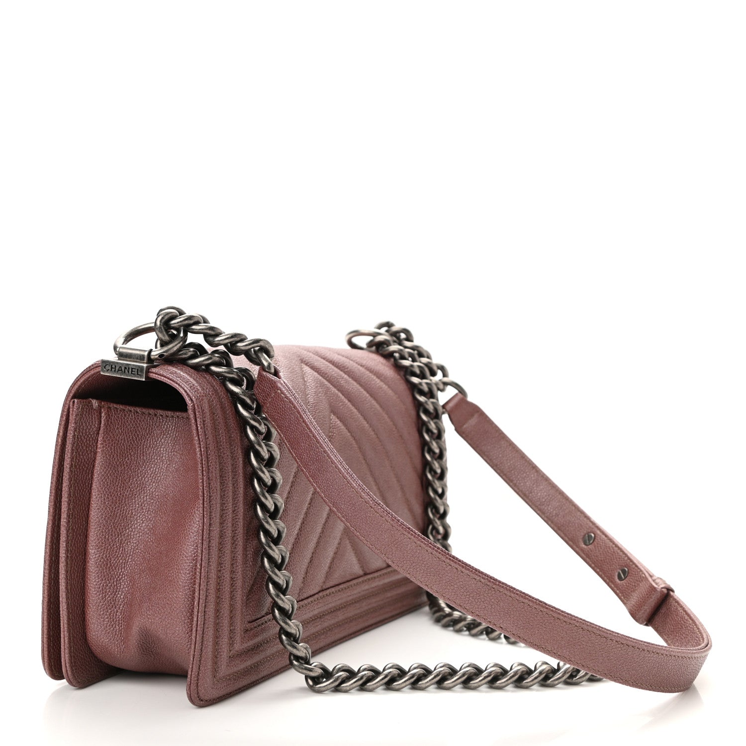 Chanel Metallic Caviar Chevron Quilted Medium Boy Flap Dark Pink 3 of 11