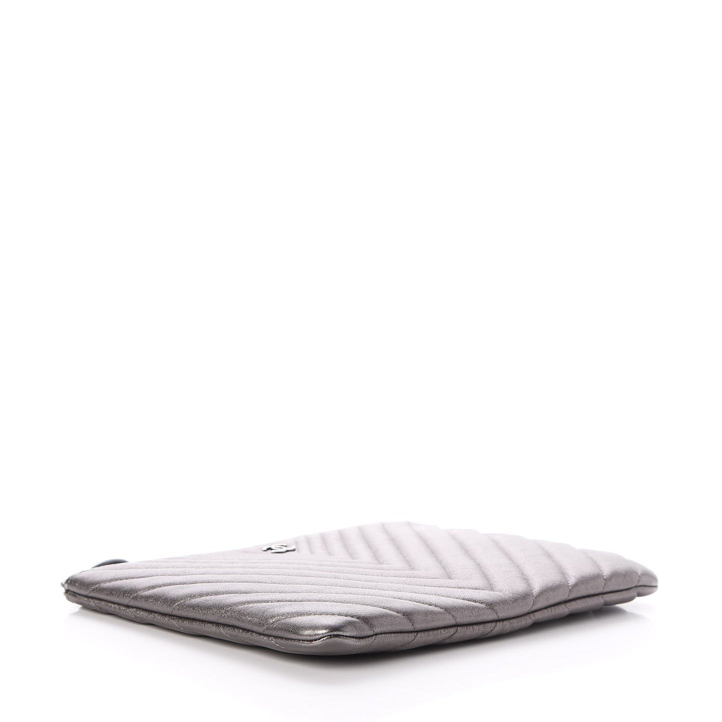 Metallic Calfskin Chevron Quilted Medium Cosmetic Case Dark Silver