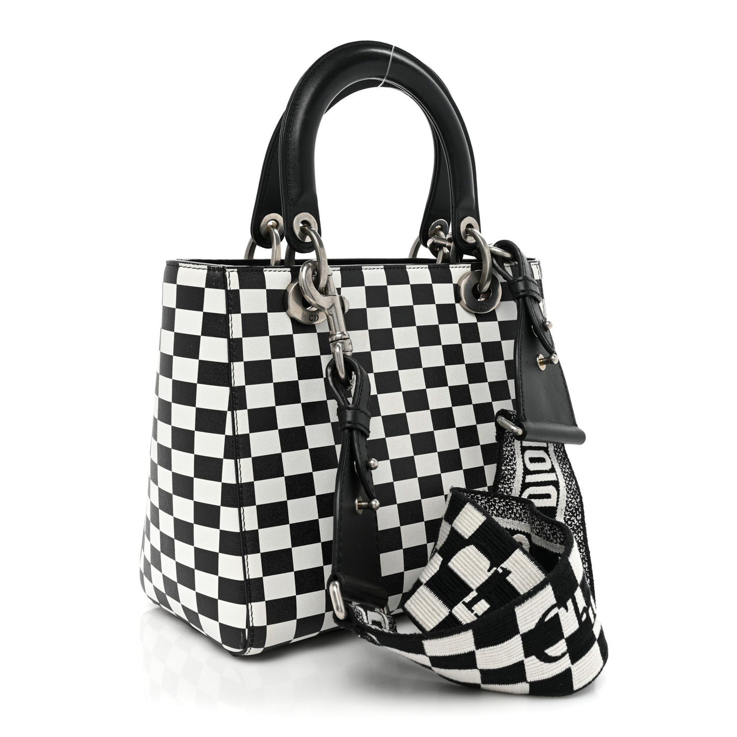 Calfskin Checkered Medium Lady Dior Black White