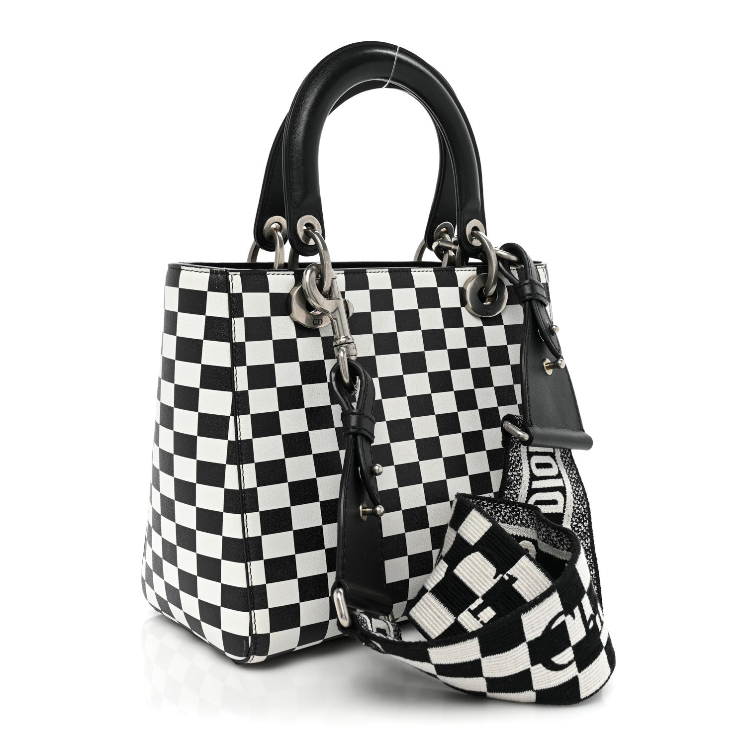 Christian Dior Calfskin Checkered Medium Lady Dior Black White 3 of 12