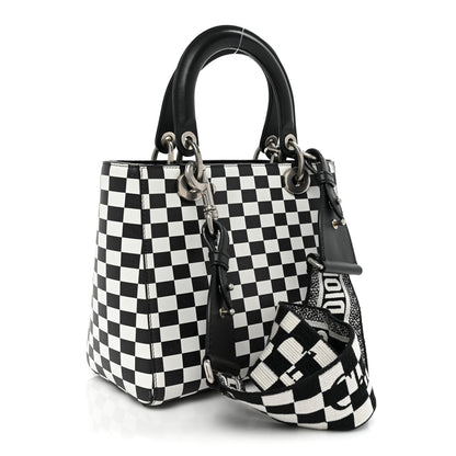 Christian Dior Calfskin Checkered Medium Lady Dior Black White 3 of 12