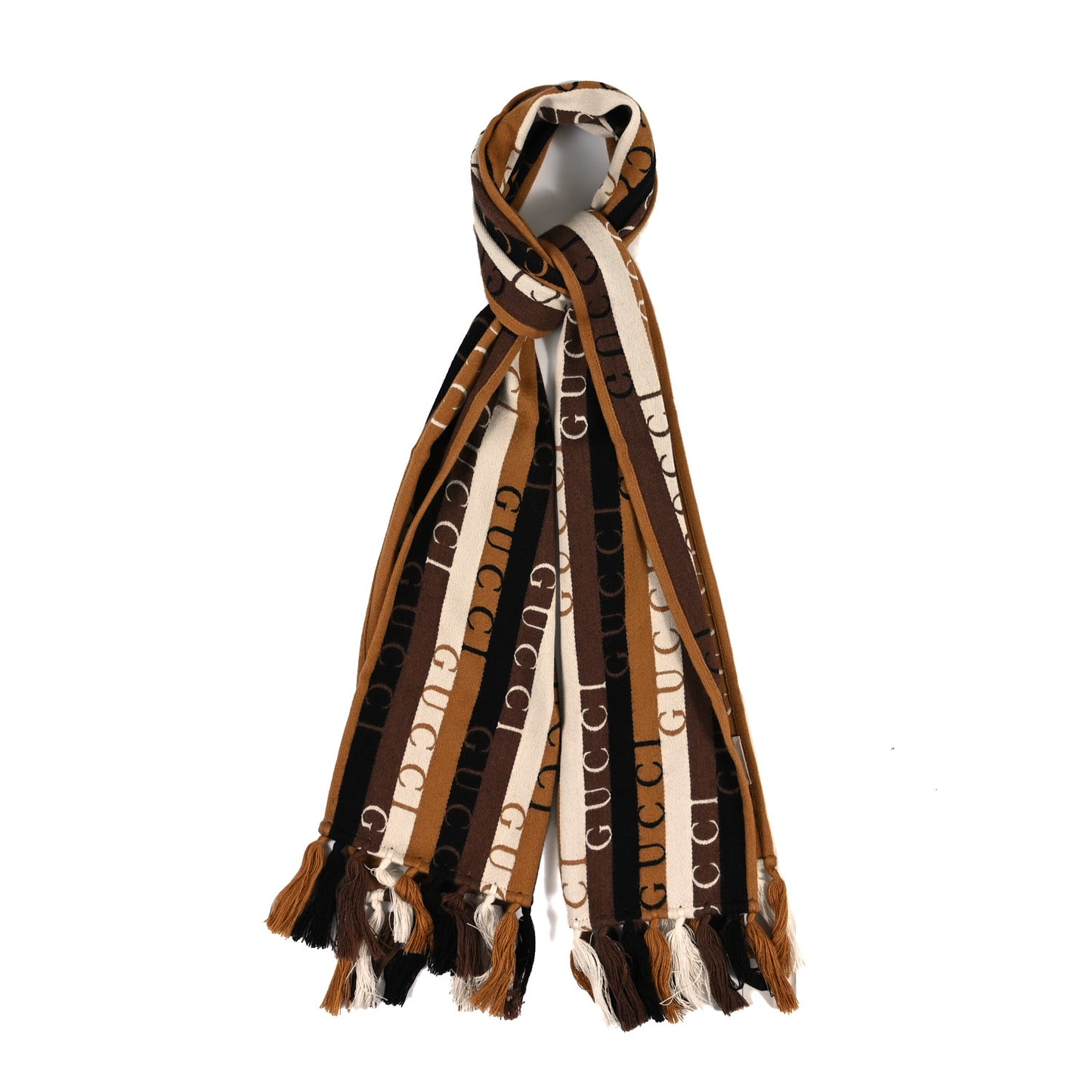 Wool Cotton Logo Wood Stripes Scarf Light Brown Dark Brown