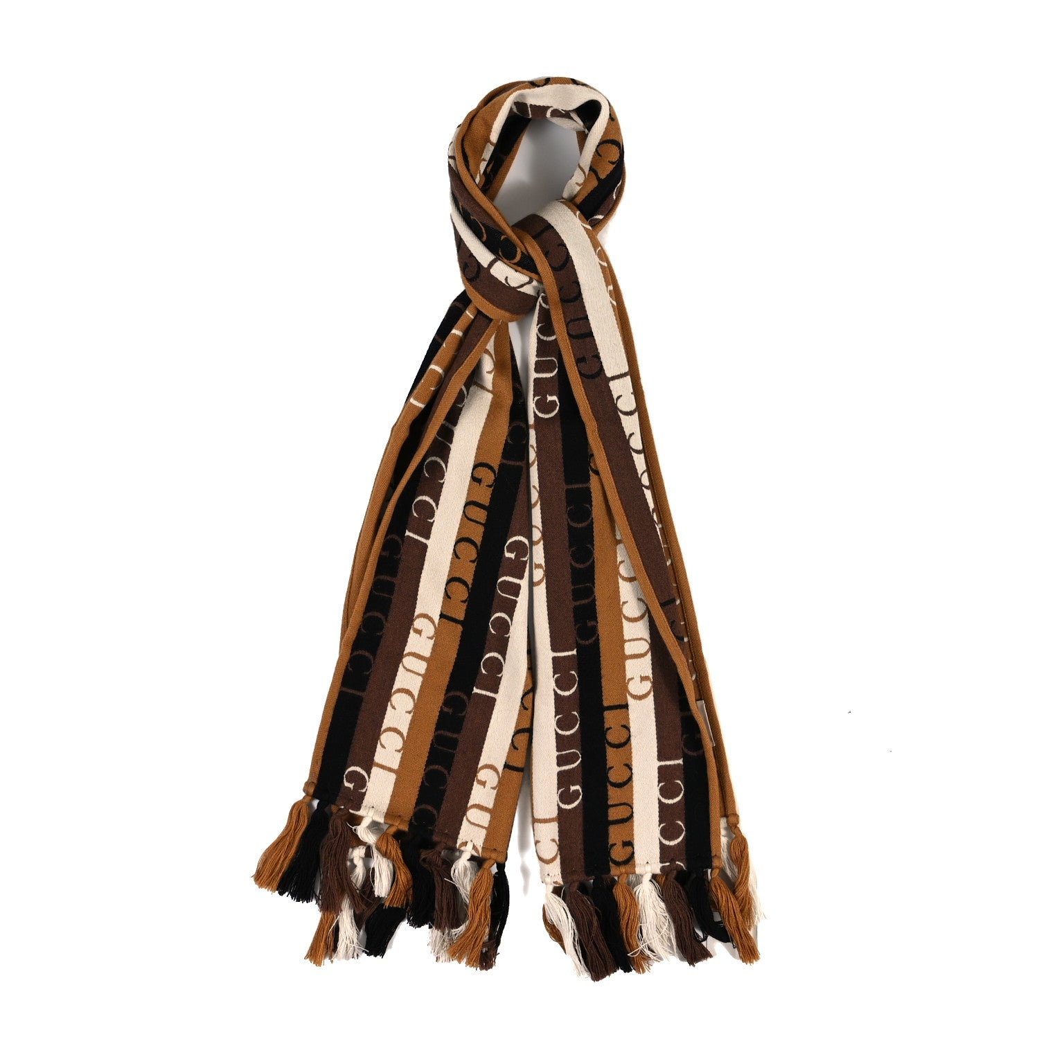 Gucci Wool Cotton Logo Wood Stripes Scarf Light Brown Dark Brown 1 of 3