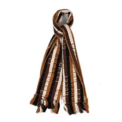 Gucci Wool Cotton Logo Wood Stripes Scarf Light Brown Dark Brown 1 of 3
