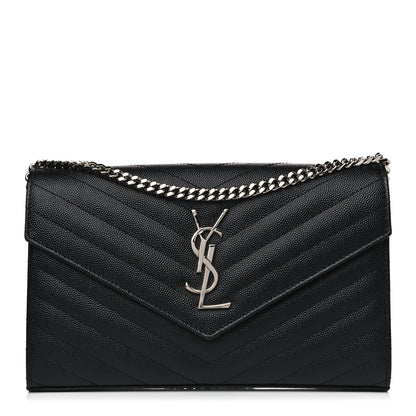 Saint Laurent Grain De Poudre Matelasse Chevron Monogram Chain Wallet Black 1 of 12