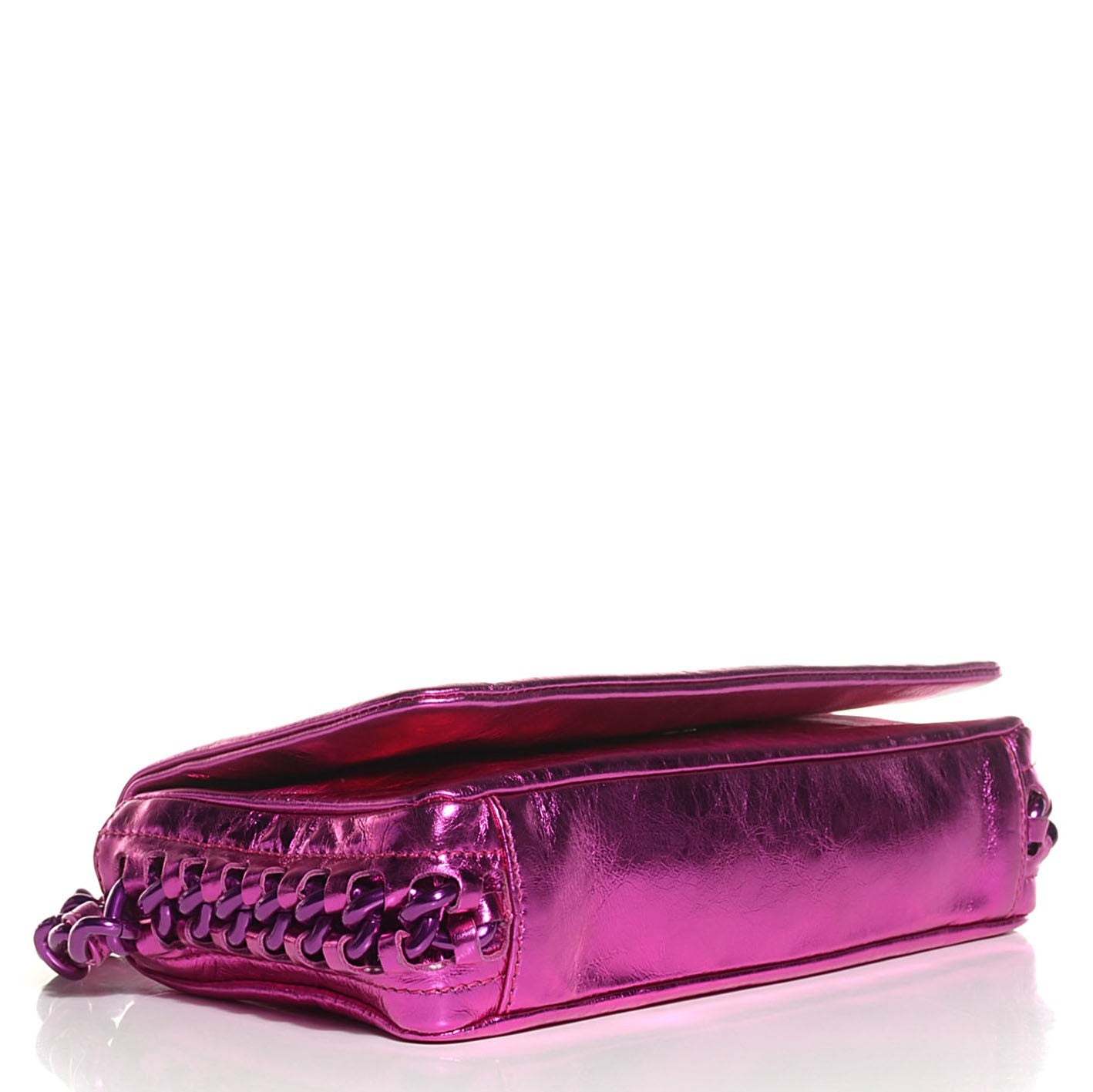 Metallic Cracked Calfskin Modern Chain Flap Fuchsia