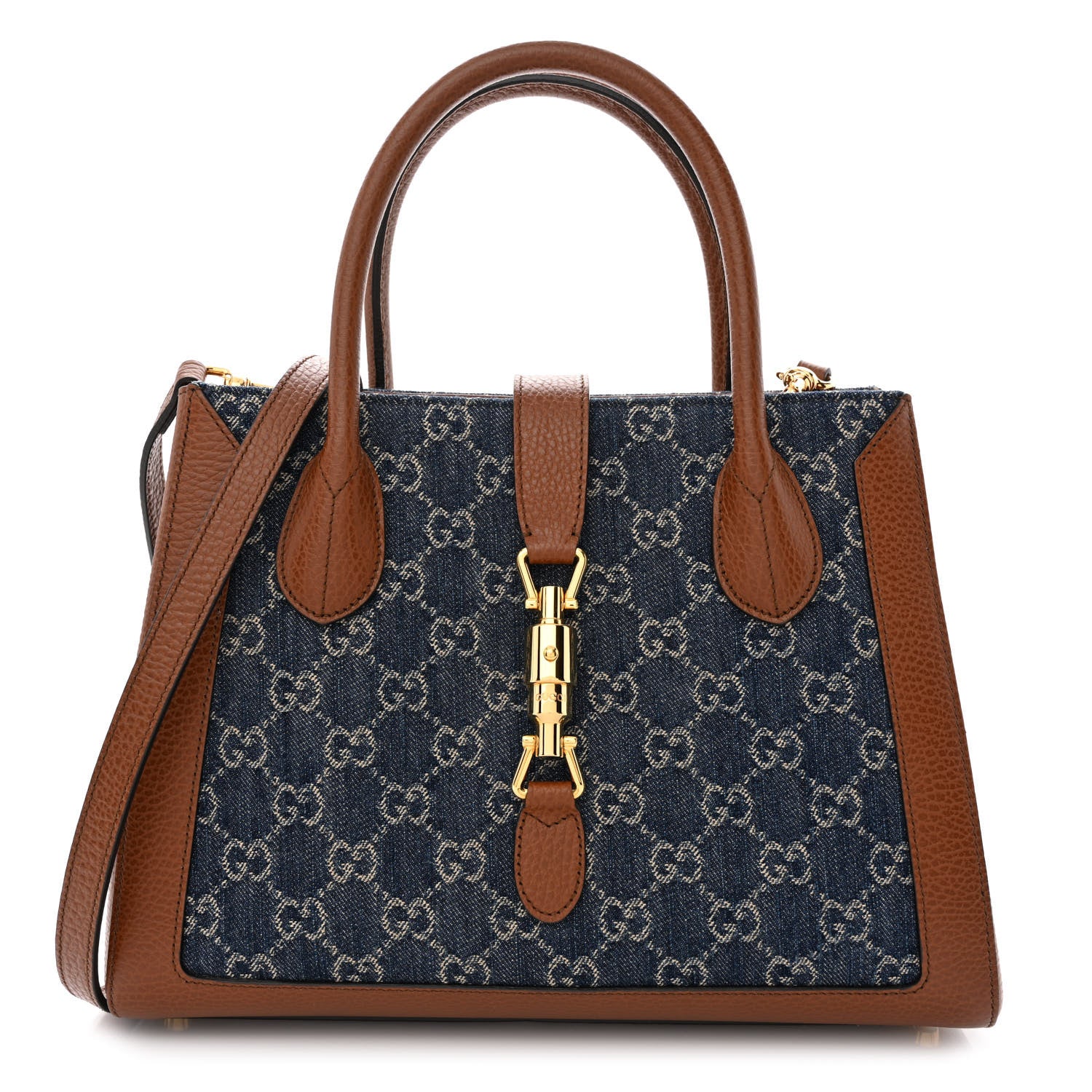 Gucci New Denim GG Monogram Dollar Calfskin Medium Jackie 1961 Tote Blue Tea Cuir Epilog 1 of 10