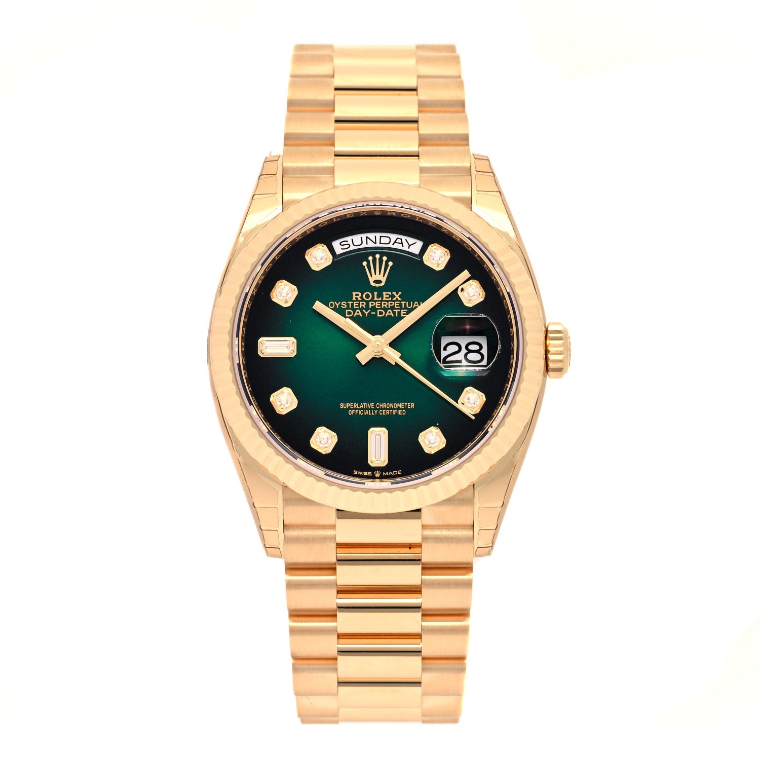 Rolex 18K Yellow Gold Diamond 36mm Oyster Perpetual Day-Date President Watch Green Ombre 128238 1 of 5