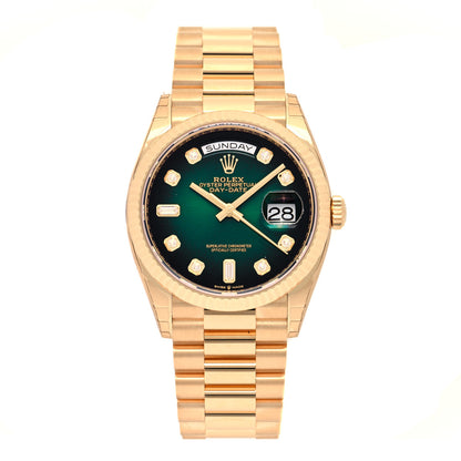 Rolex 18K Yellow Gold Diamond 36mm Oyster Perpetual Day-Date President Watch Green Ombre 128238 1 of 5