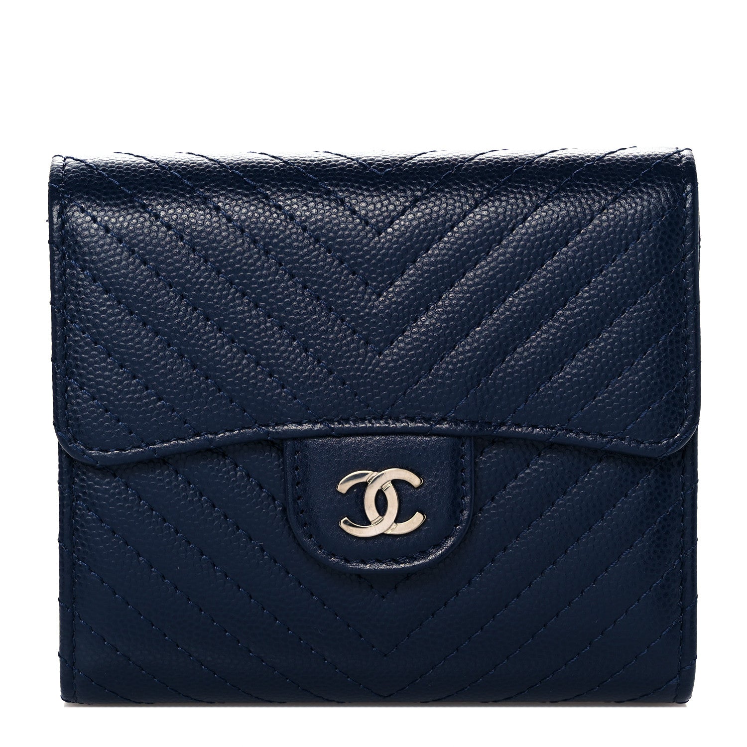 Chanel Caviar Chevron Quilted Compact Flap Wallet Navy 1 of 9