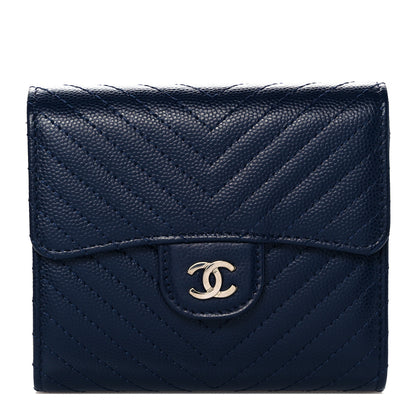 Chanel Caviar Chevron Quilted Compact Flap Wallet Navy 1 of 9