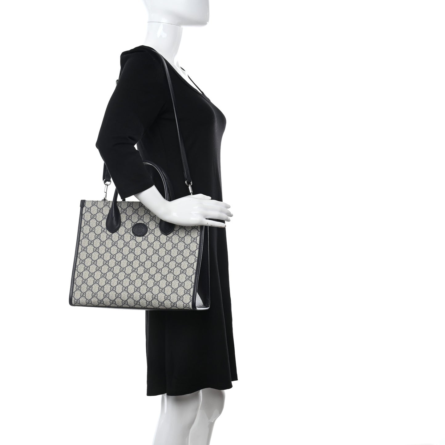 GG Supreme Monogram Textured Dollar Calfskin Small Retro Interlocking G Tote Bag Beige Blue