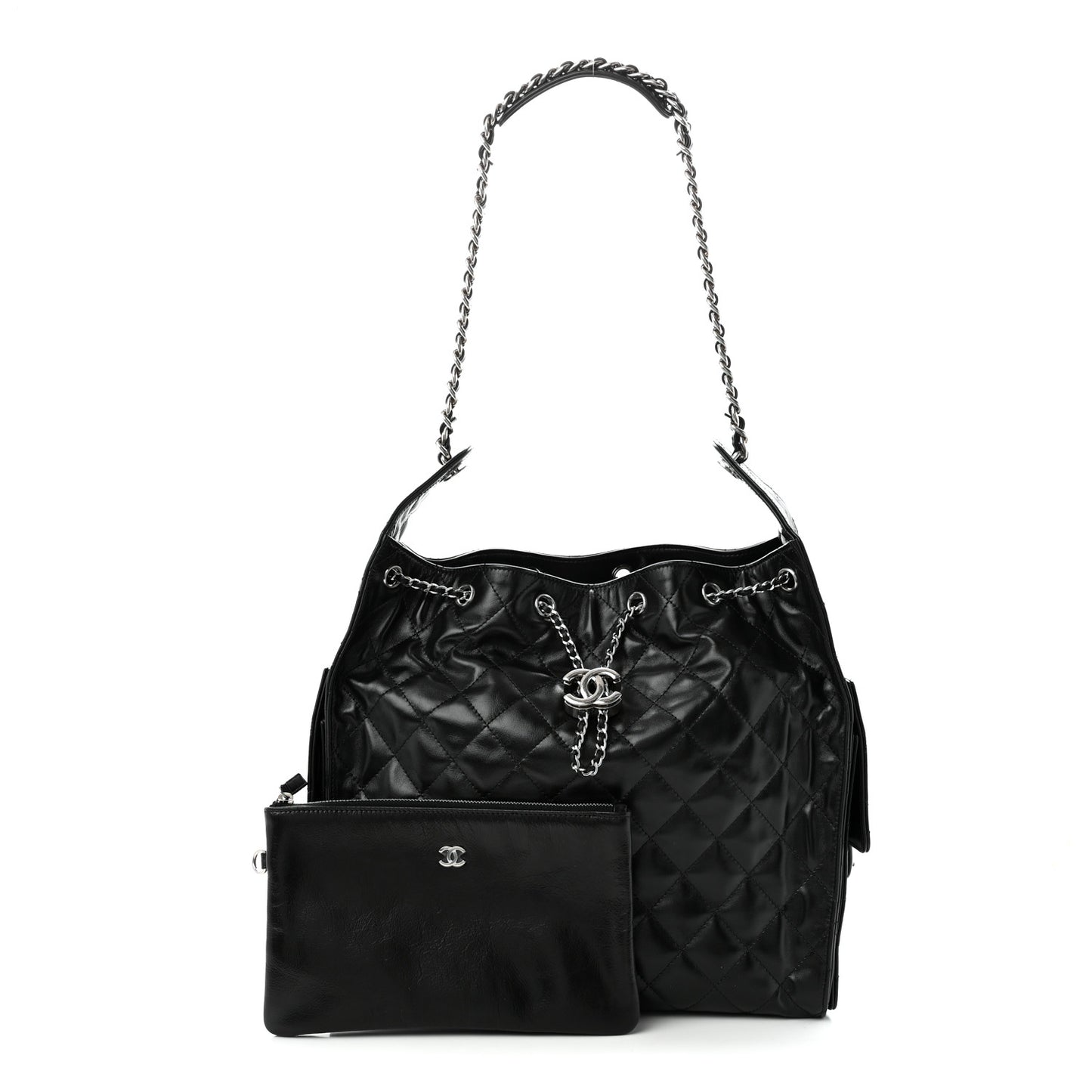 Shiny Crumpled Calfskin Quilted Medium Chanel 25 Handbag Black