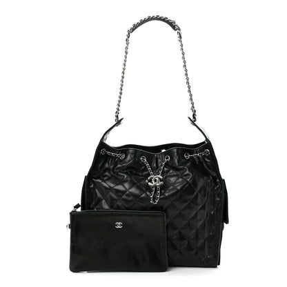 Chanel Shiny Crumpled Calfskin Quilted Medium Chanel 25 Handbag Black 3 of 11