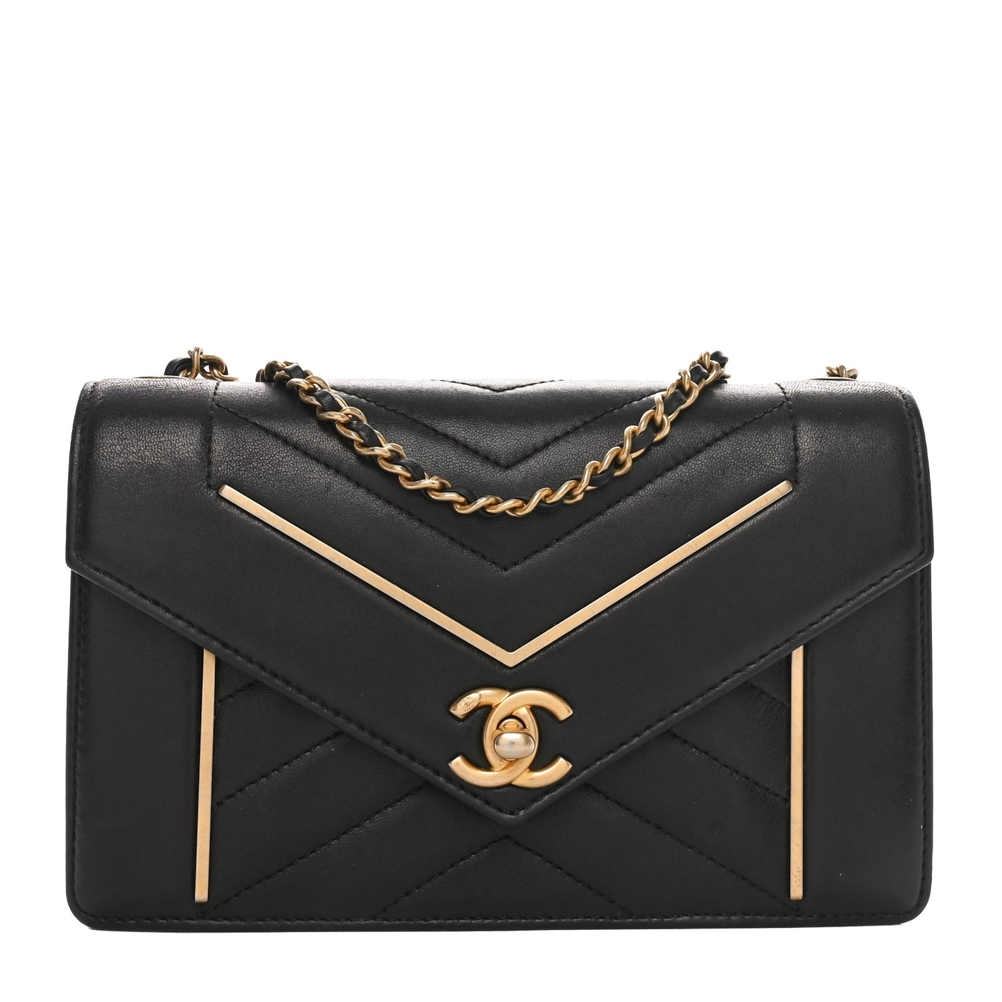 Lambskin Reversed Chevron Quilted Flap Black