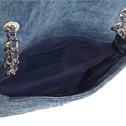 Chanel Denim Quilted Camellia Embroidered Large Flap Blue 5 of 8