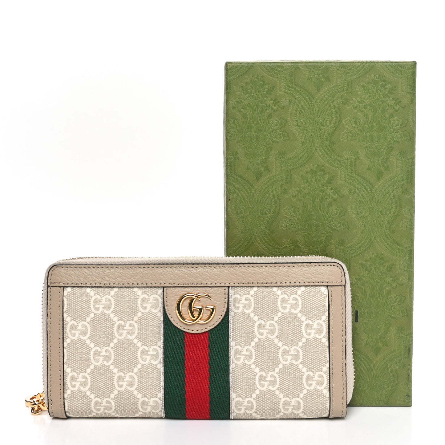 GG Supreme Monogram Textured Dollar Calfskin Web Ophidia Zip Around Wallet Beige Mystic White Oatmeal
