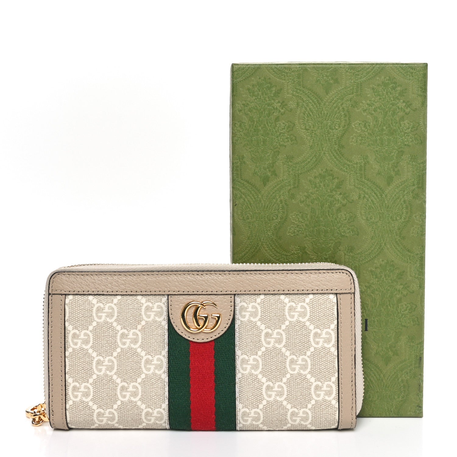 Gucci GG Supreme Monogram Textured Dollar Calfskin Web Ophidia Zip Around Wallet Beige Mystic White Oatmeal 10 of 10