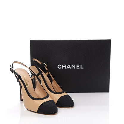 Chanel Lambskin Grosgrain Cap Toe CC Slingback Pumps 36 Beige Black 10 of 10