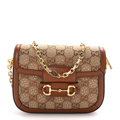 Gucci New Canvas Charisma Calfskin Crystal GG Monogram Mini Horsebit 1955 Shoulder Bag Camel Ebony 1 of 10
