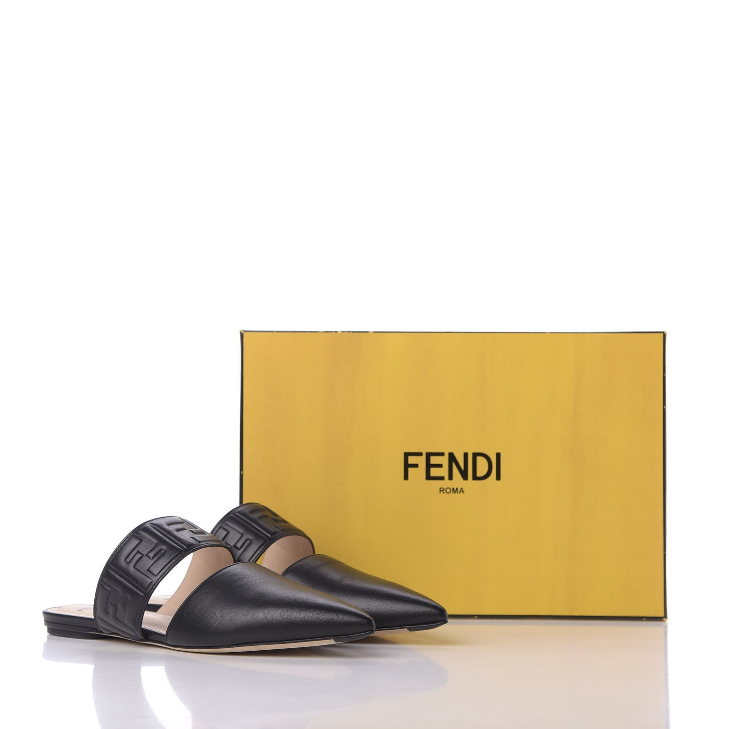 Fendi Vitello FF Embossed Buckle Flat Mules 38 Black 11 of 11