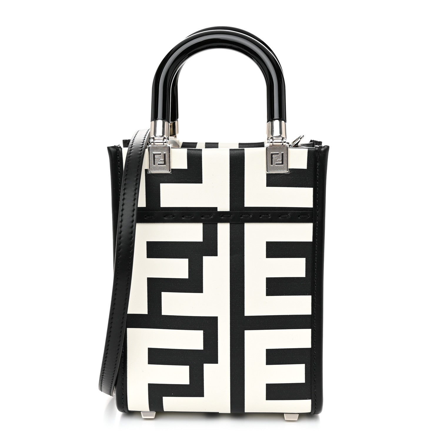 Fendi X MARC JACOBS Vitello King Plexiglass Logo Print Mini Fendi Sunshine Shopper Tote Black White 1 of 9