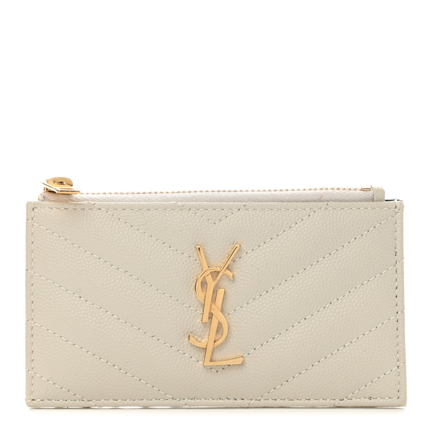 Saint Laurent Grain De Poudre Matelasse Chevron Monogram Fragments Zippered Card Case Crema Soft 1 of 7