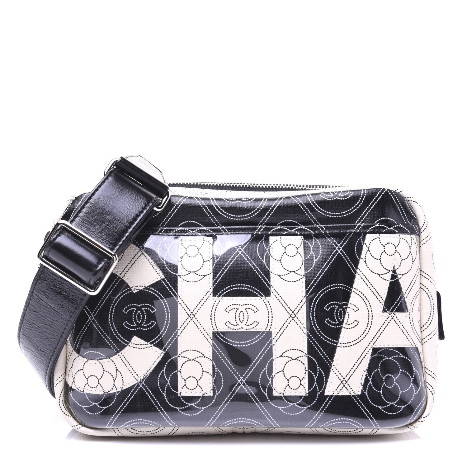 Chanel Coated Canvas Calfskin Camellia Printed Camera Case Black Beige 1 of 13