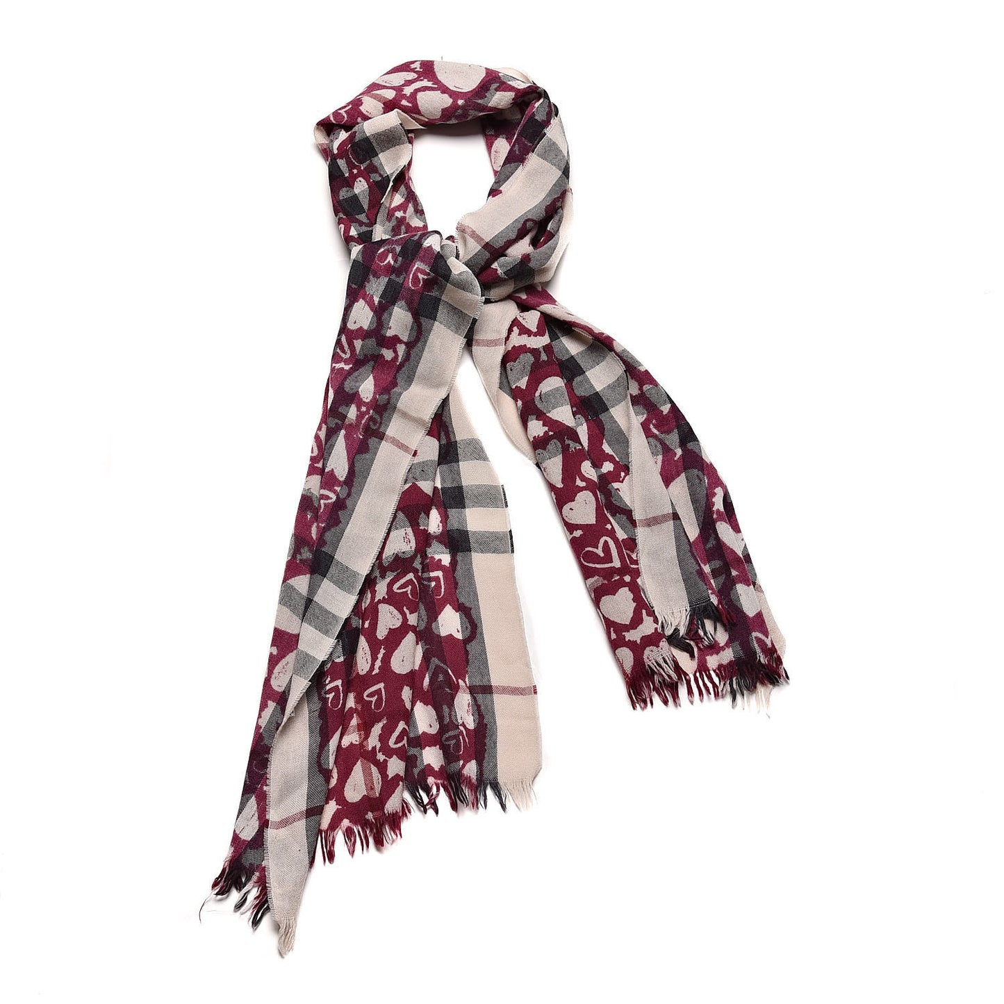 Wool Cashmere Painted Heart Print Nova Check Lightweight Scarf
