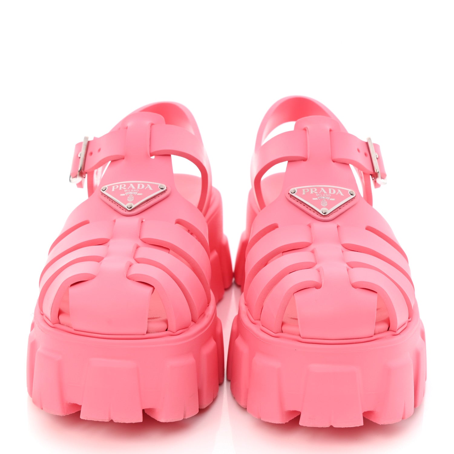Prada Foam Rubber Metal Triangle Logo Monolith 55mm Cage Sandals 38 Begonia 2 of 9