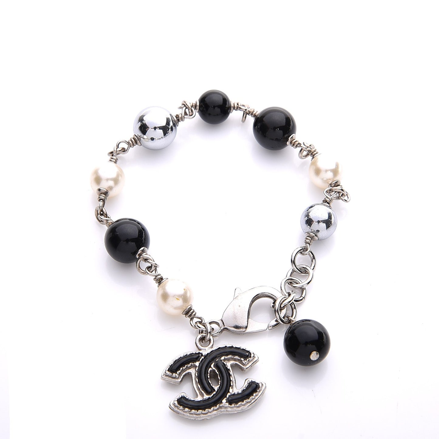 Pearl Beaded CC Bracelet Black Silver