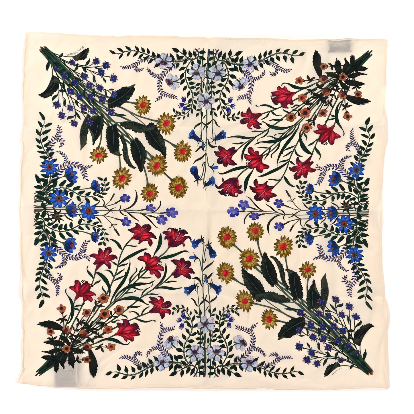 Silk Twill Flora Square Scarf White
