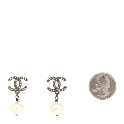 Chanel Pearl Crystal CC Drop Earrings Silver Pearly White 2 of 4