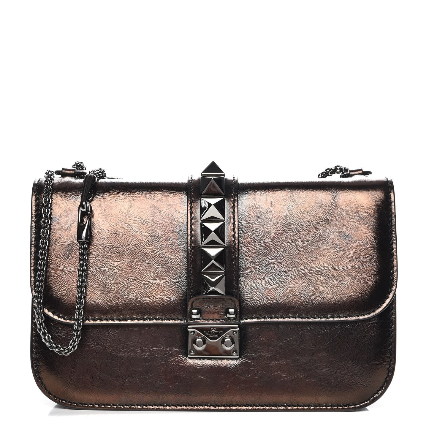Craquele Calfskin Medium Glam Lock Rockstud Flap Black