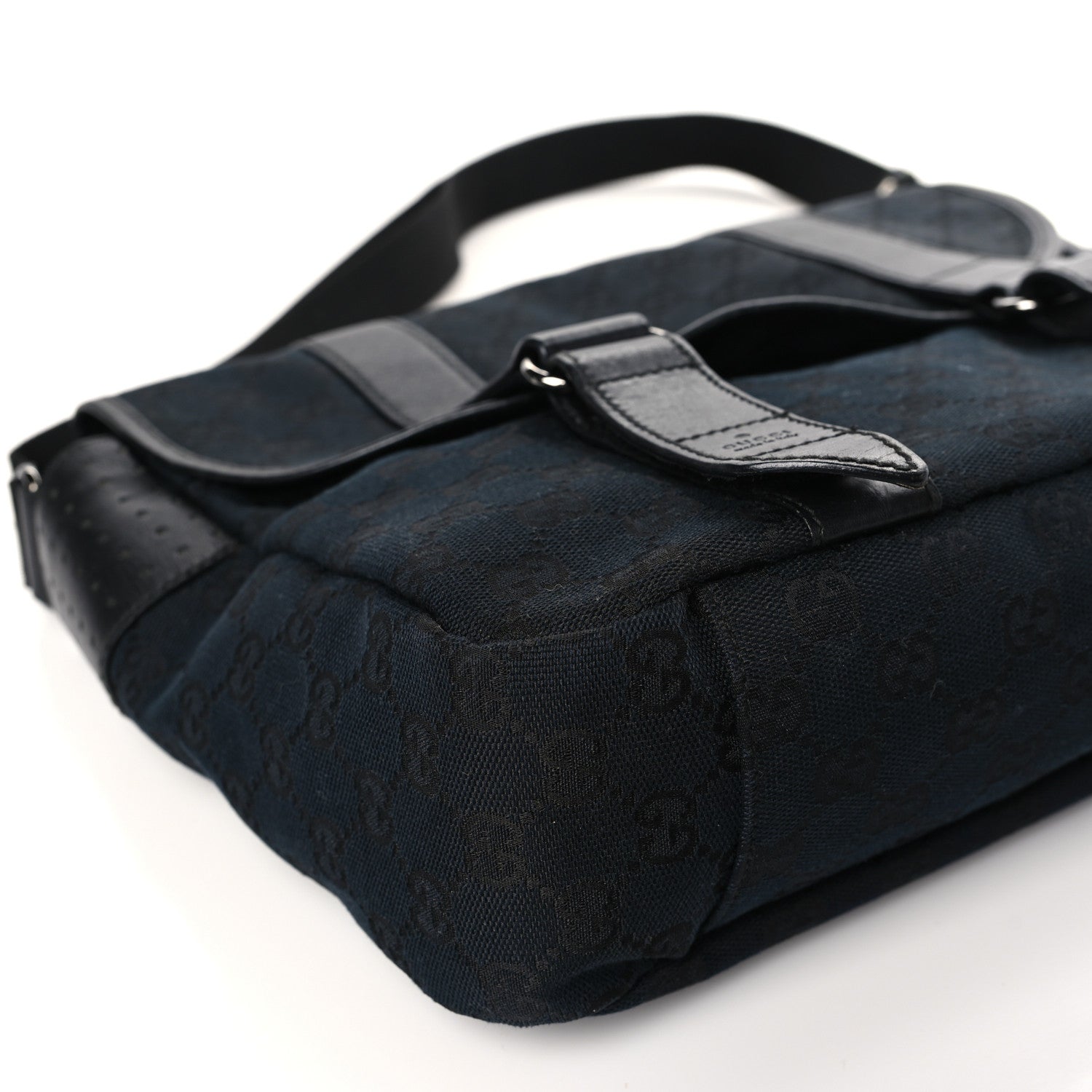 Gucci Monogram Medium Double Buckle Flap Messenger Bag Black 8 of 9
